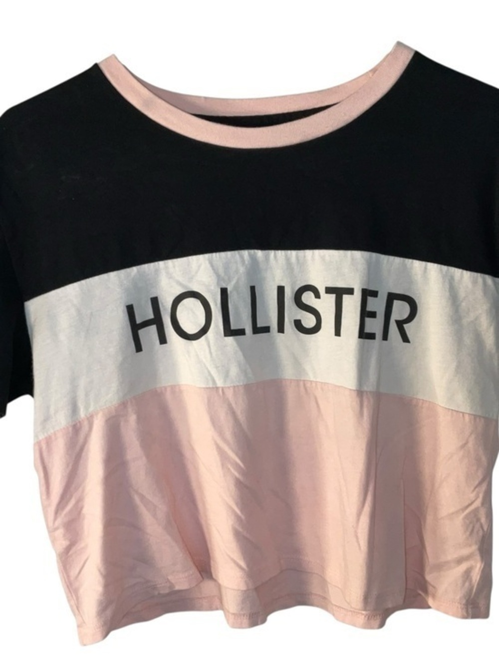 Hollister Black Tee with White Stripe and Pink Trim